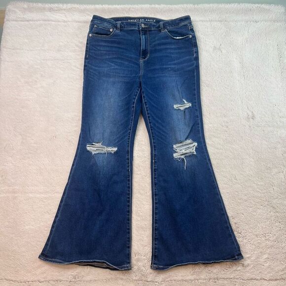 American Eagle Super High Rise Flare Bootcut Jeans Womens Size 16 Short Distress - Picture 1 of 12